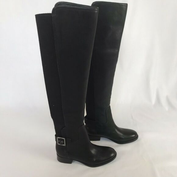 Tory Burch Leather Over the Knee Riding Boots Size 5 Black Low Block Heel - Picture 3 of 10